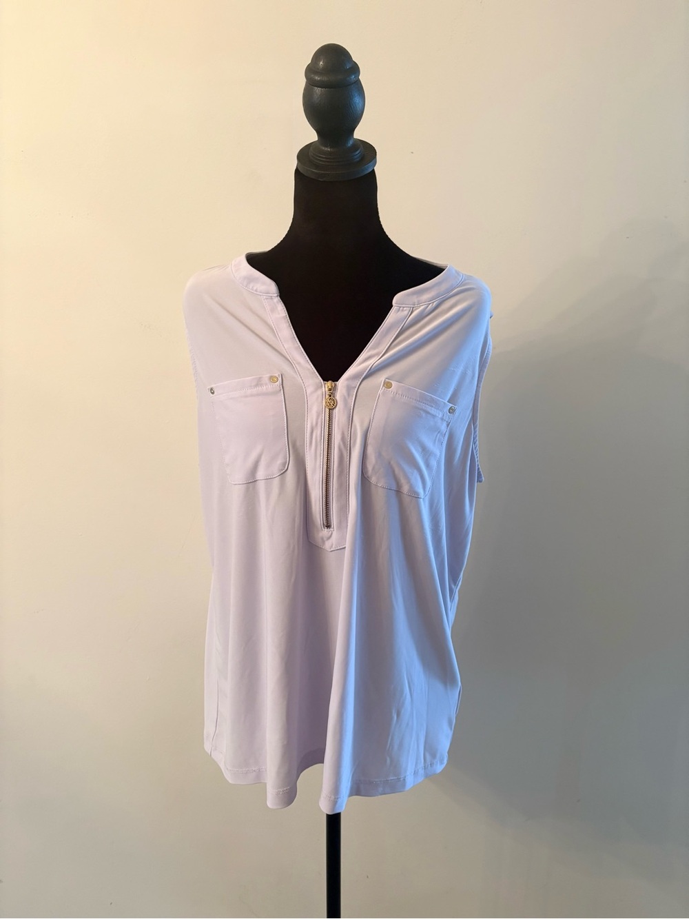 Anne Klein Lavender Sleeveless Zip & Pocket Blouse Boho Preppy Designer Layering